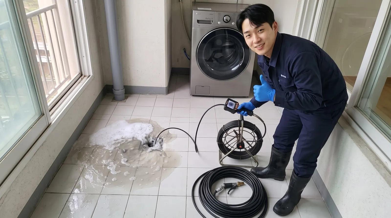 서울 동북권 하수구 역류 작업복 기술자와 배관내시경·고압세척 장비